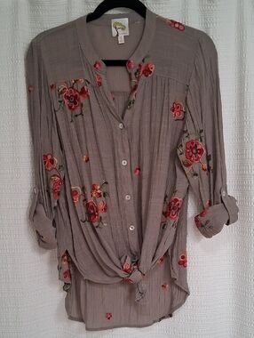 fig and flower Taupe Button-Front Shirt with Red & Pink Floral Embroidery